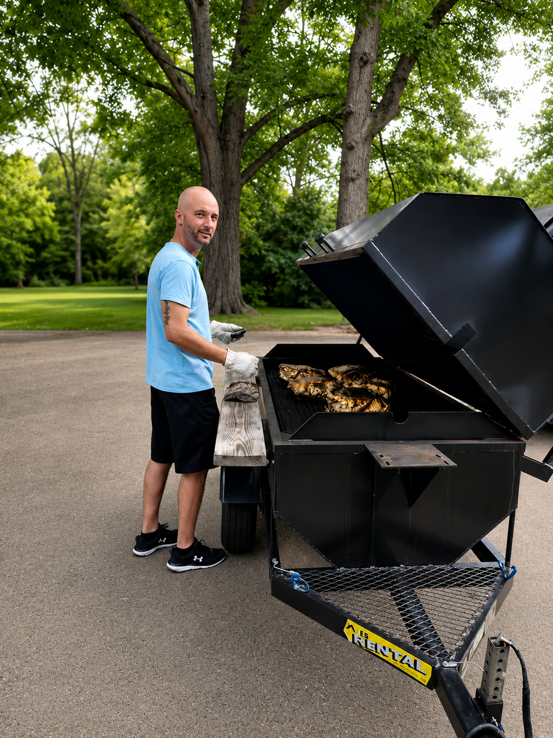 Adam Lutz standing with a custom-built smoker he fabricated